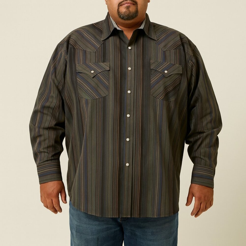 Men's PLAINS Western (VTG) Long Sleeve Pearl Snap Shirt, Green Stripe Big Man 3X